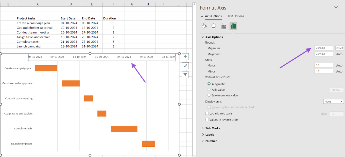 Format Axis to remove blank space from Excel Gantt chart