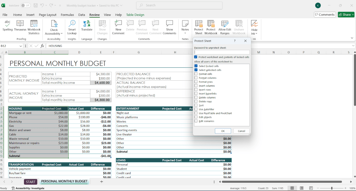 How to create a template in Excel: Click on Protect Sheet to lock and protect your template