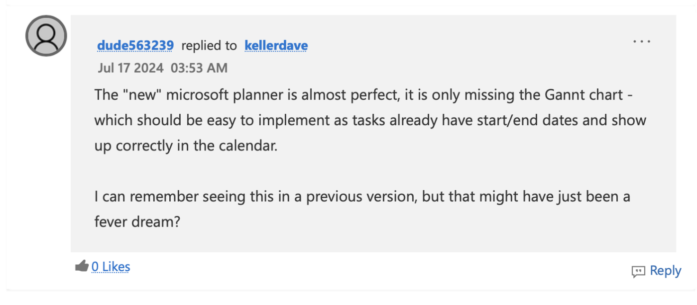 Microsoft Planer Gantt Diagramm fehlendes Feature Überprüfung