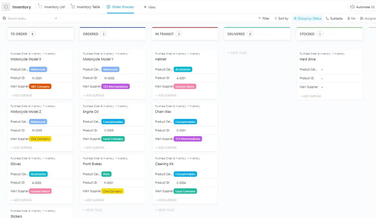 Modèle de bon de commande et d'inventaire ClickUp  