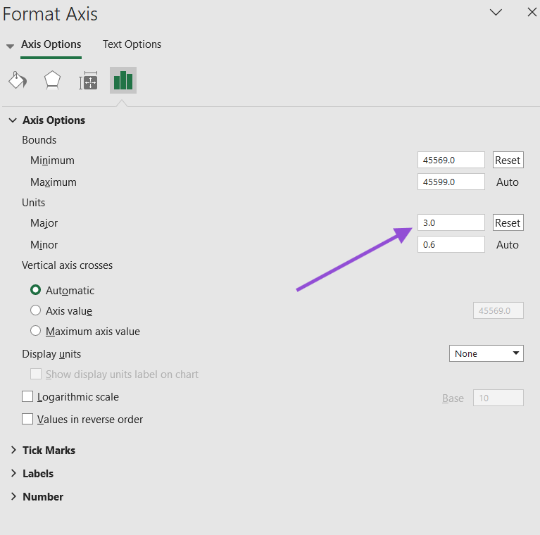 Adjust the Major and Minor values in Format Axis window