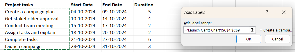 Select project tasks on the Excel spreadsheet