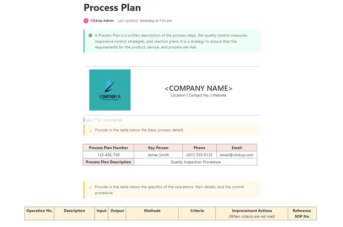 Plantilla de documento de plan de procesos ClickUp