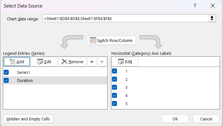 The previous Edit Series window in the Excel bar chart