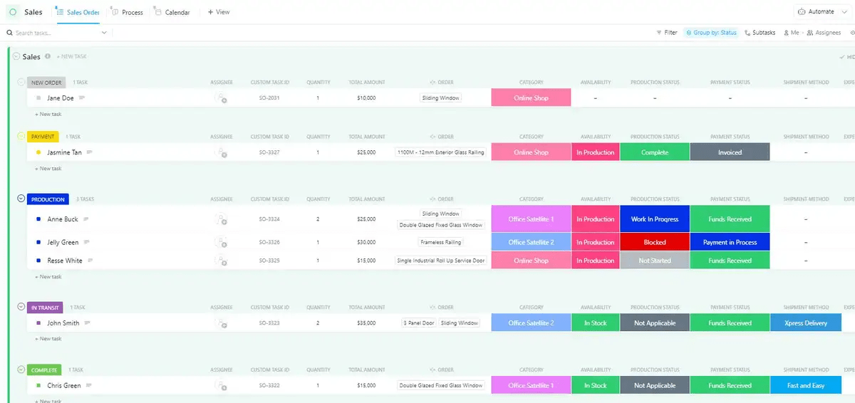 Modèle de gestion des stocks et de suivi des commandes ClickUp  