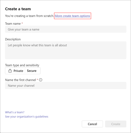 Select More Create Team Options to start creating your team