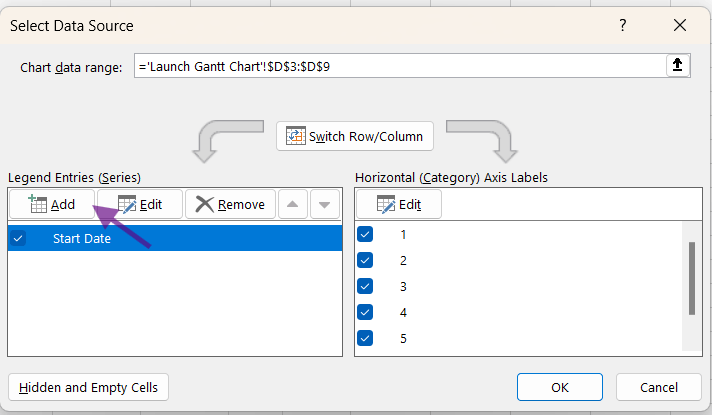 Use Edit Series window to add dates and make a Gantt chart in Excel