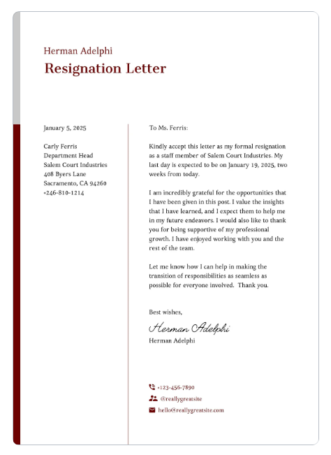 Utiliza Simple Resignation Letter by Canva para redactar tu carta de dimisión