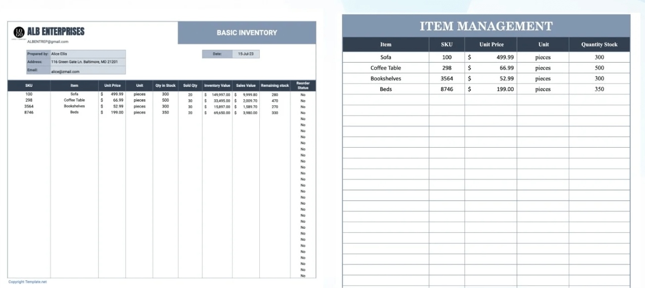 Template.net Basic Inventory template