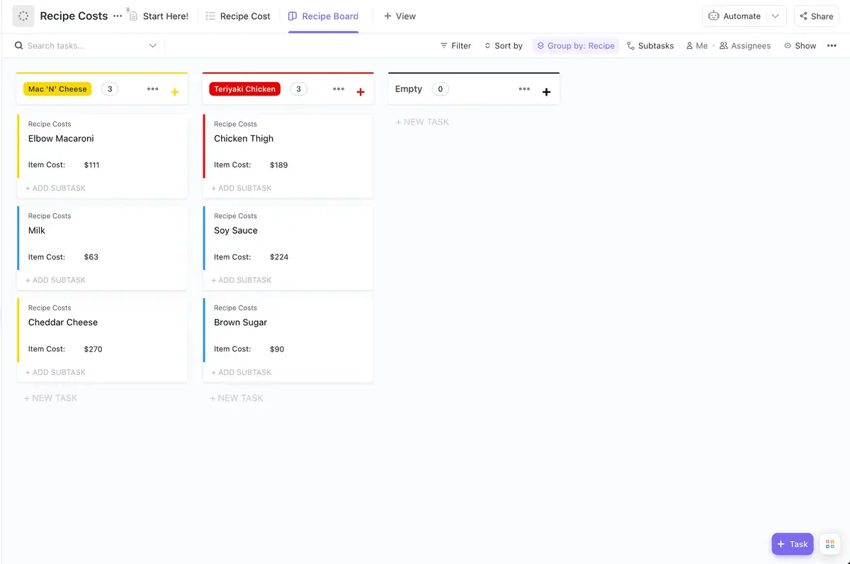 Modello di costo della ricetta di ClickUp