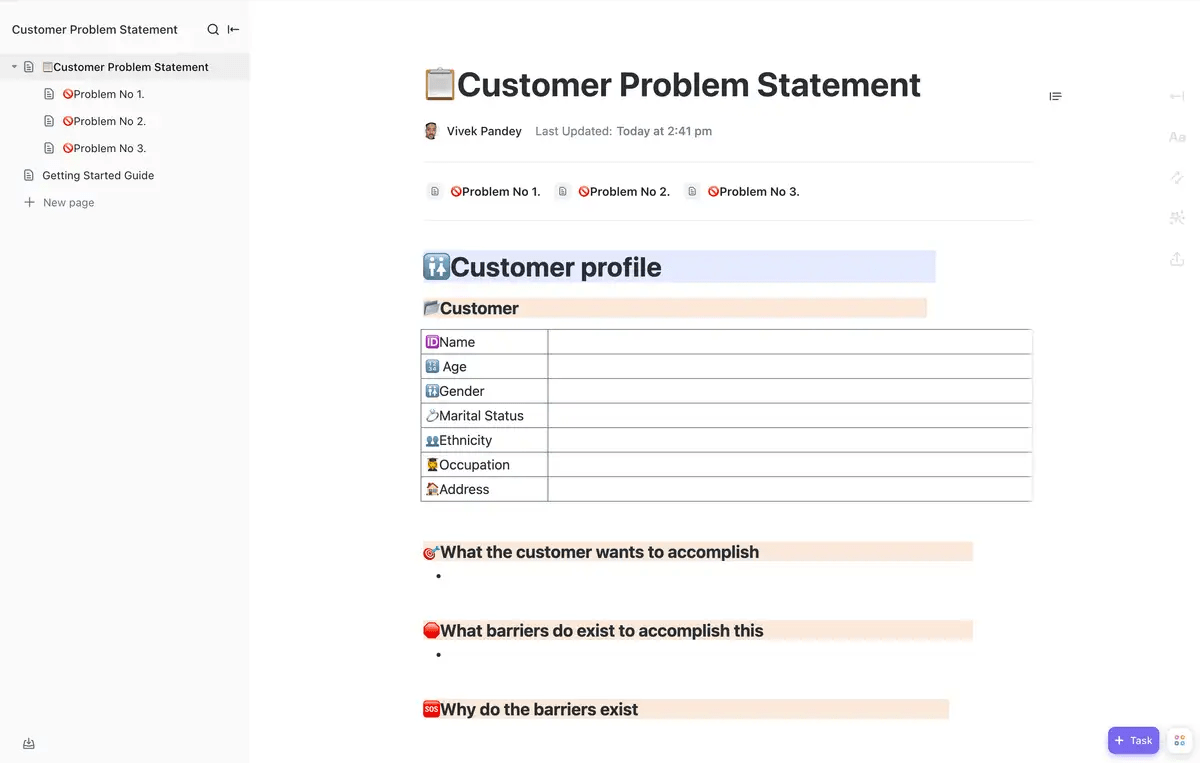 Plantilla de declaración de problemas del cliente de ClickUp