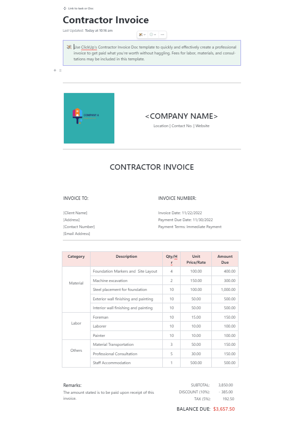 ClickUp Contractor Invoice Template