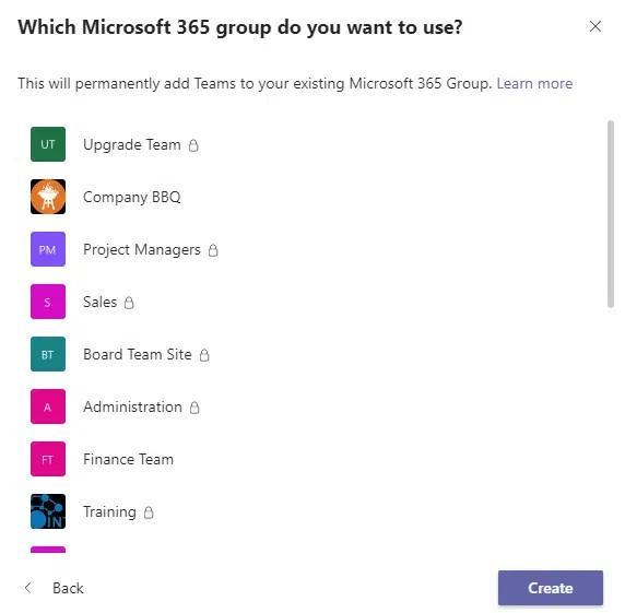 Elige un grupo existente de Microsoft 365 para crear un equipo\_Cómo crear un equipo en Microsoft Teams