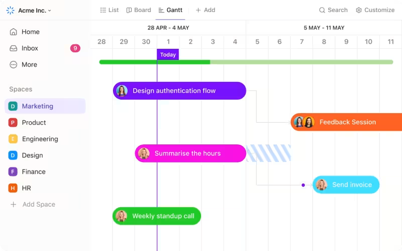 Gráficos de Gantt do ClickUp para acompanhar os cronogramas de tarefas e projetos