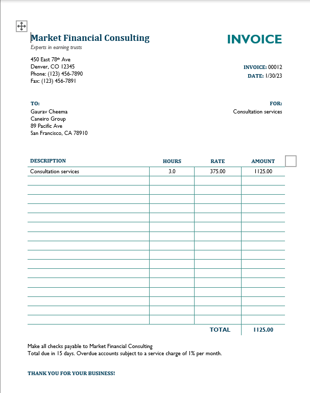 Invoice Templates Word: Microsoft 365 Service Invoice with Hours and Rate template