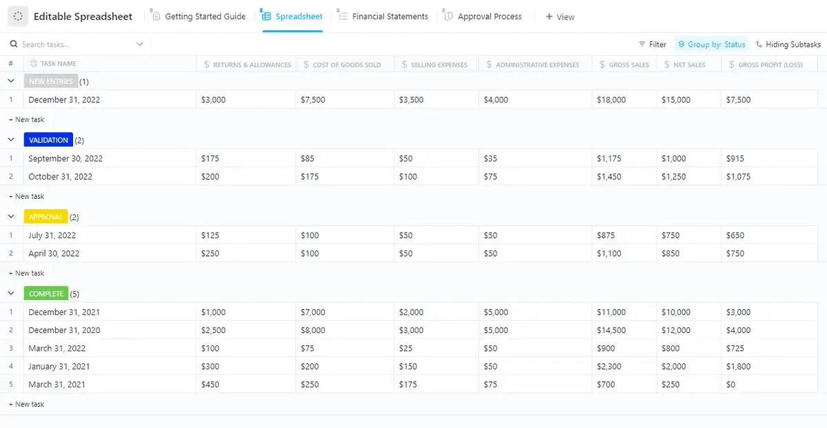 Track financial statements and budgets with ClickUp Editable Spreadsheet Template