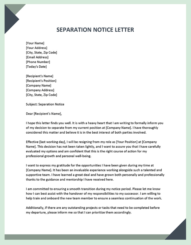 Utiliza Separation Notice Letter de Templates.net para saber cómo redactar un preaviso de 2 semanas