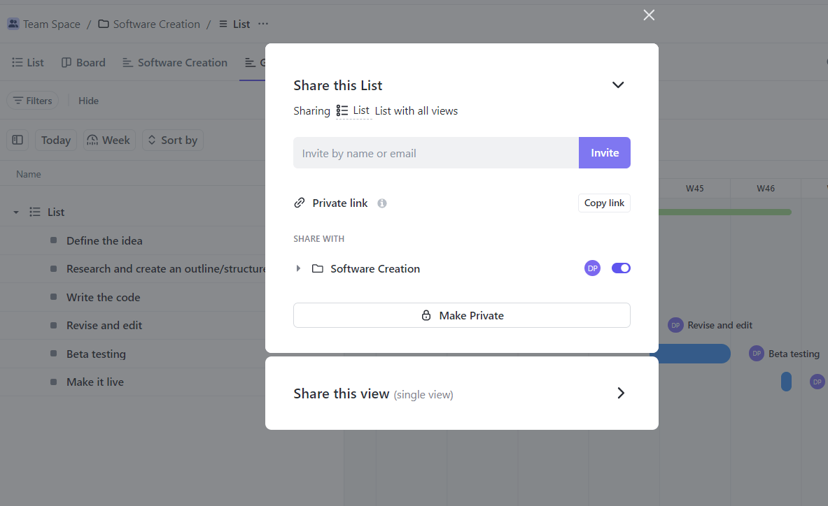 Geben Sie Ihre Ansicht des ClickUp Gantt-Diagramms für andere frei