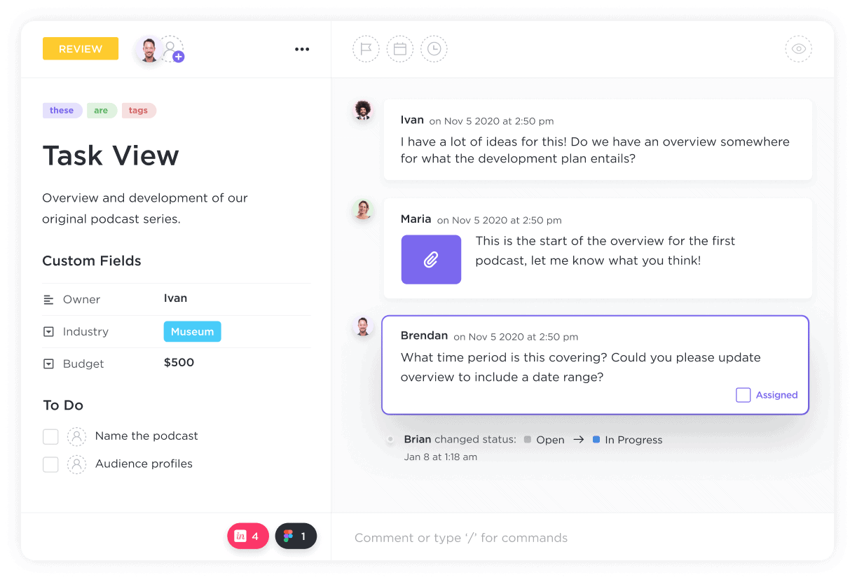 ClickUp Comments to gather feedback on specific tasks or projects 