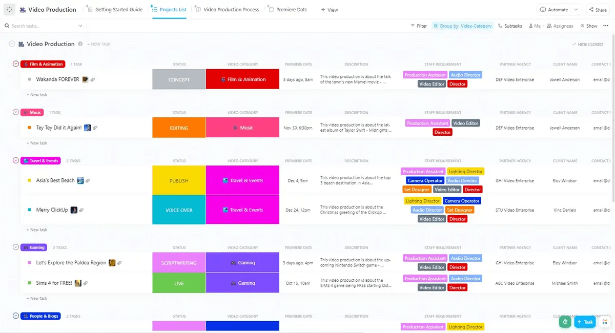 Verwalten Sie Ihren gesamten Workflow für die Videoproduktion mit der Vorlage für die Videoproduktion von ClickUp