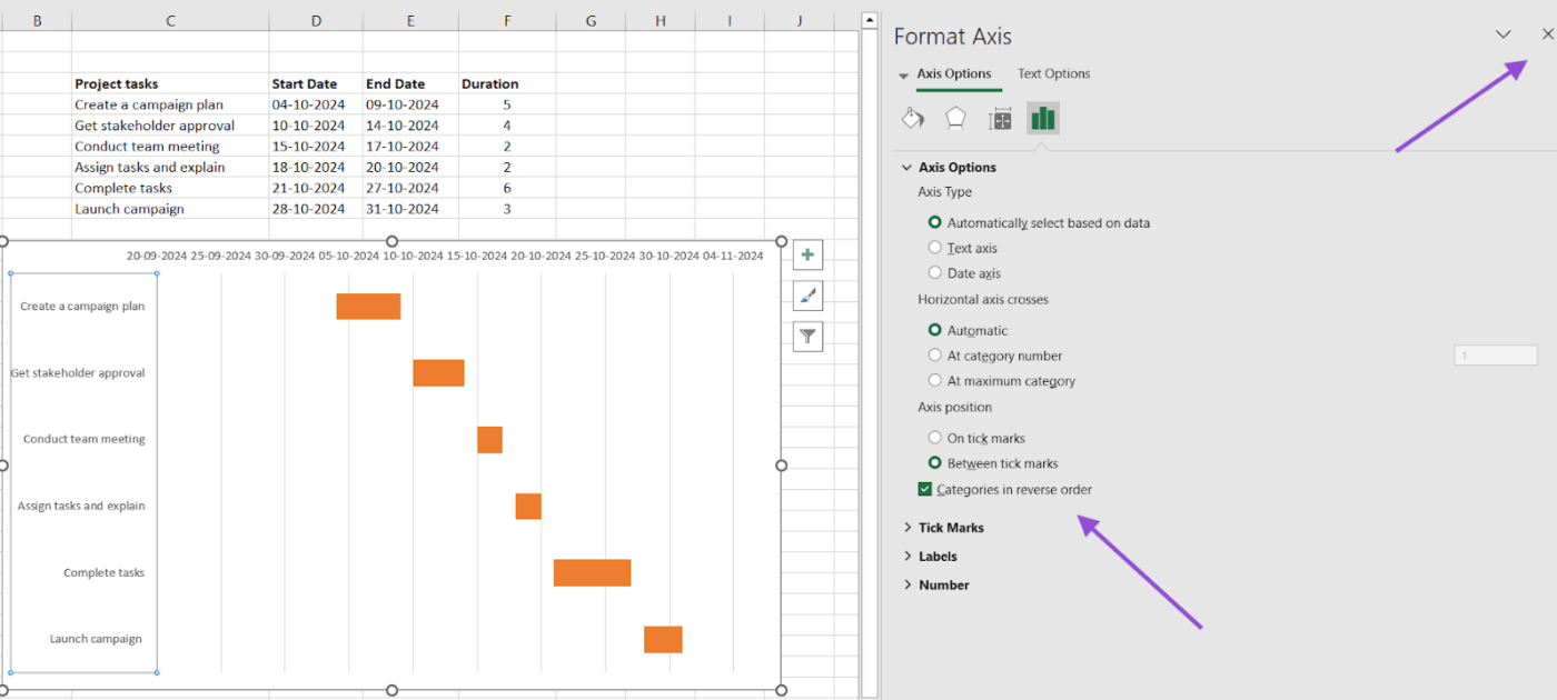 Arrange project tasks to create Gantt chart in Excel