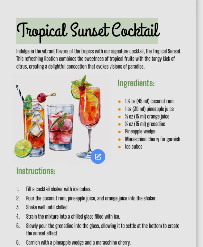 Cocktail recipe template Google Docs