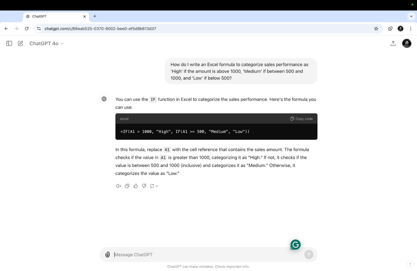 ChatGPT generando una fórmula IF anidada para categorizar el rendimiento de ventas: Cómo utilizar ChatGPT para fórmulas de Excel