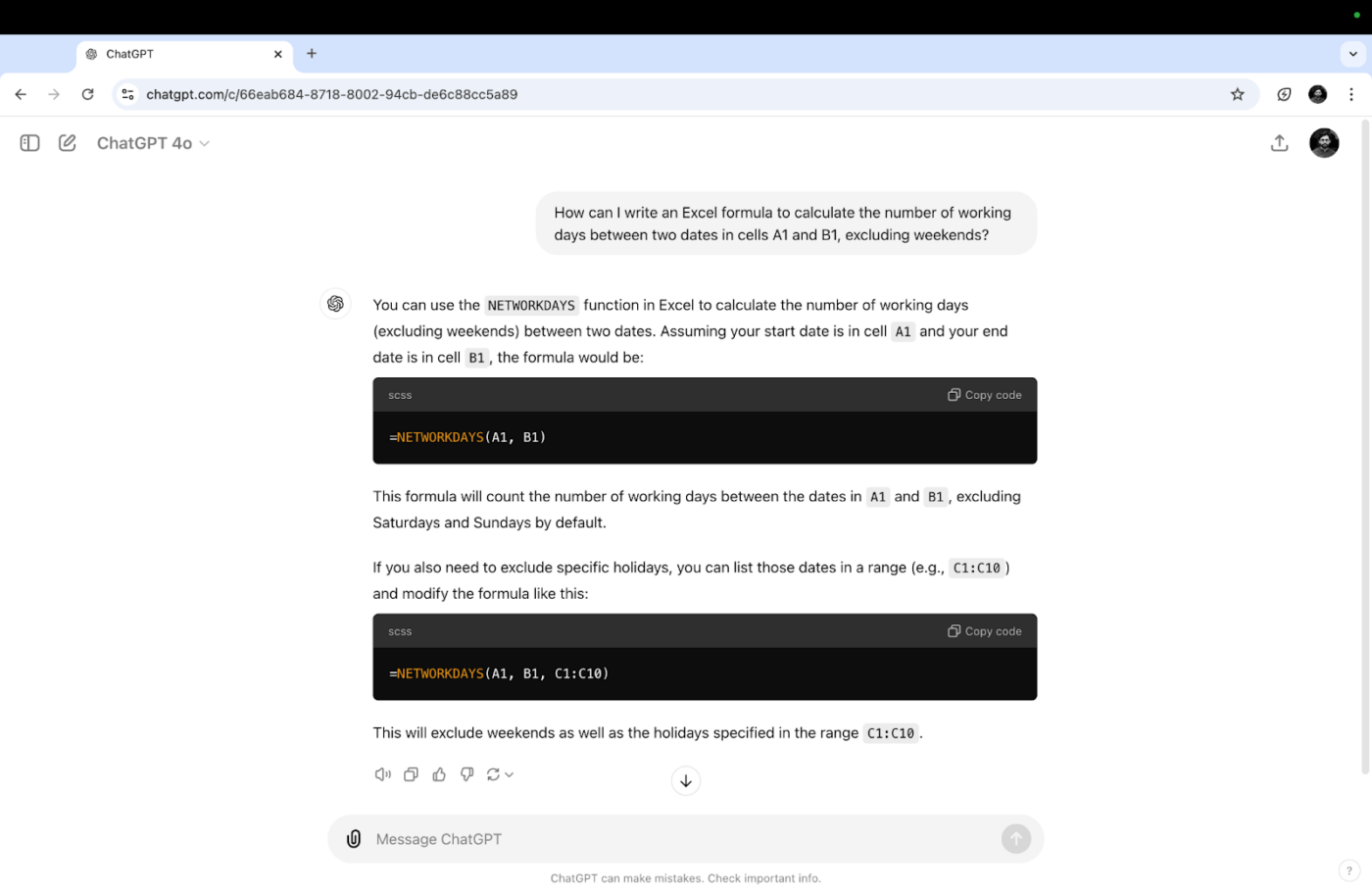 ChatGPT providing a formula to calculate the number of working days between two dates