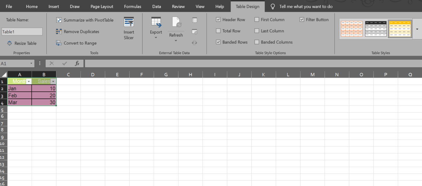 Excel makes it a table once you press ‘OK’ 