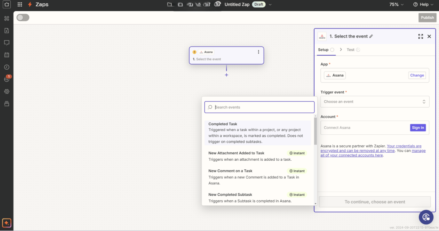 Selezionate gli eventi trigger che prompt questo flusso di lavoro: come esportare asana in excel