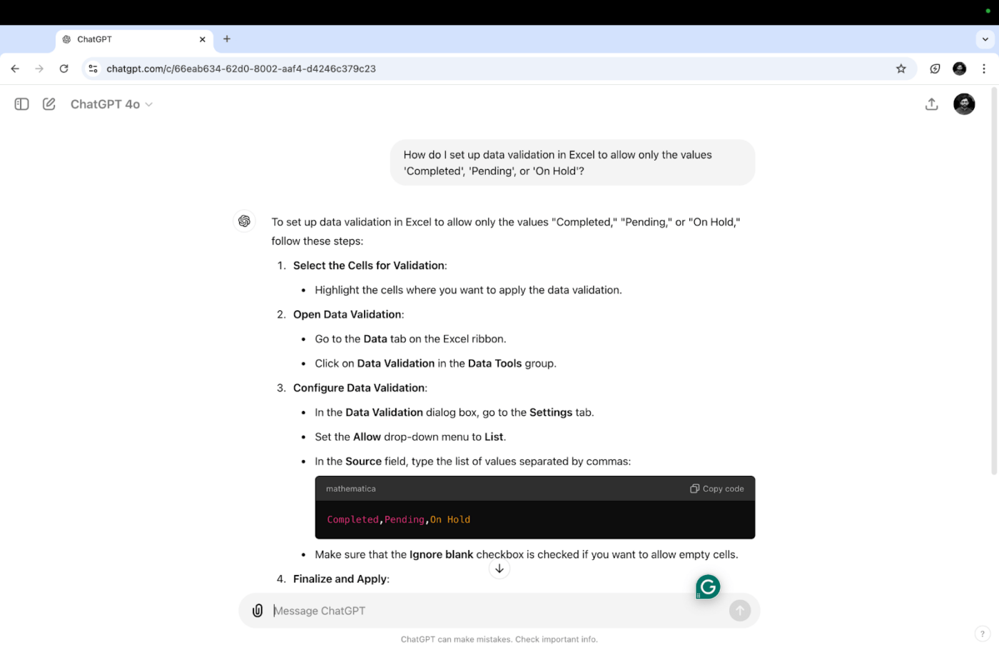 ChatGPT explicando cómo configurar las reglas de validación de datos en Excel: Cómo usar ChatGPT para fórmulas de Excel