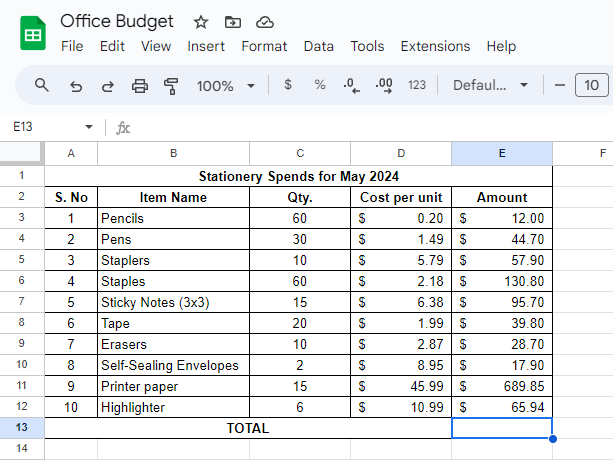 SUM function manually How to Sum a Column in Google Sheets Screenshot 1
