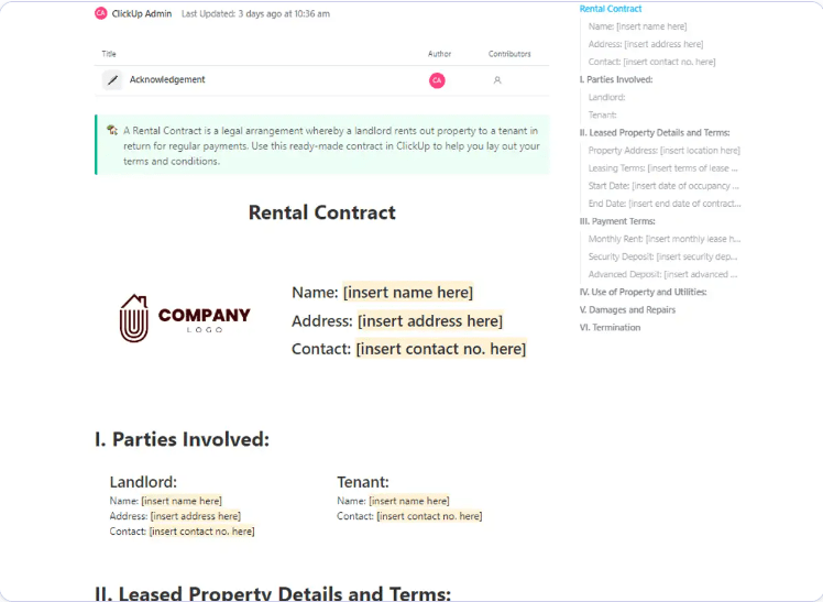 ClickUp Rental Contract  property management templates