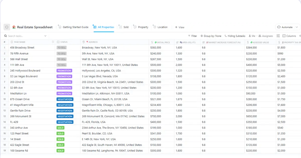 ClickUp Real Estate Spreadsheet  property management templates