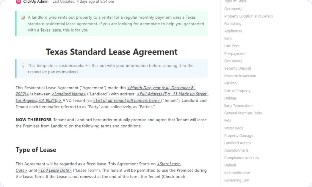 ClickUp Lease Agreement Texas  property management templates