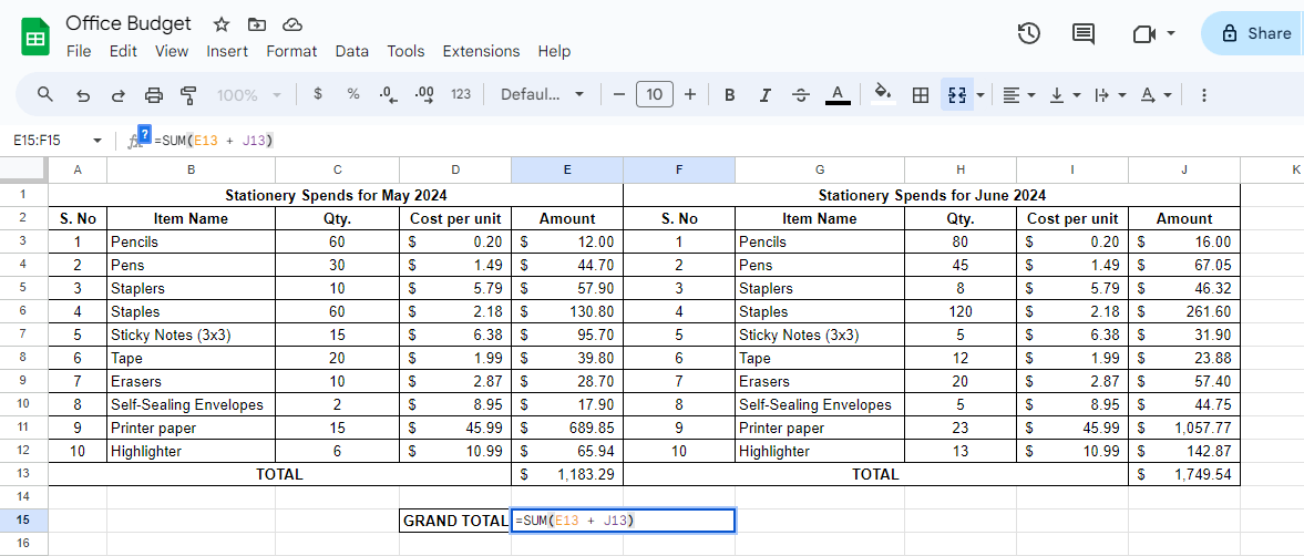 Summing non-adjacent cells or multiple columns