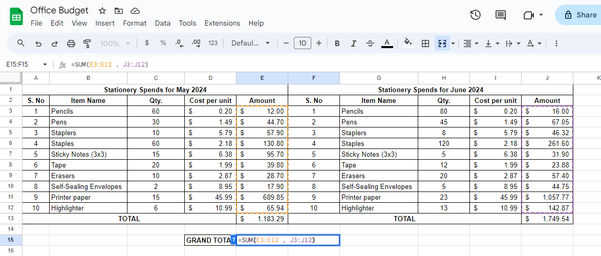 Summing non-adjacent cells or multiple columns 