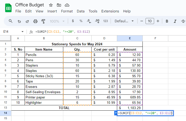 Conditional sum in Google Sheets