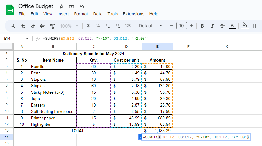 Conditional sum in Google Sheets