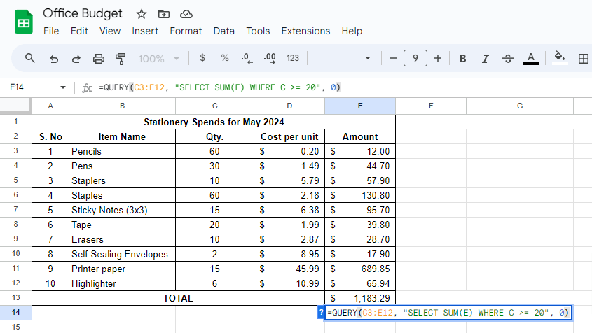 Summing with the QUERY function 