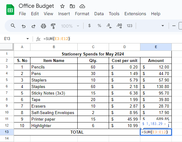 SUM function manually How to Sum a Column in Google Sheets Screenshot 2
