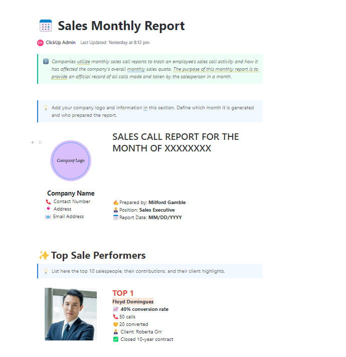 ClickUp Monthly Sales Report Template excel sales report template