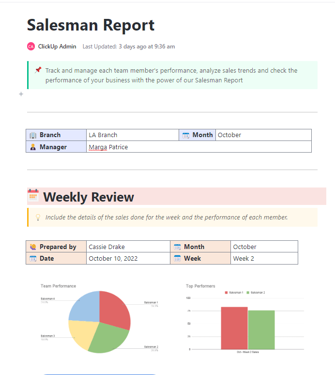 ClickUp Salesman Report Template excel sales report template