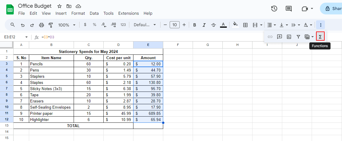 Summing a column using the toolbar How to Sum a Column in Google Sheets Screenshot 1
