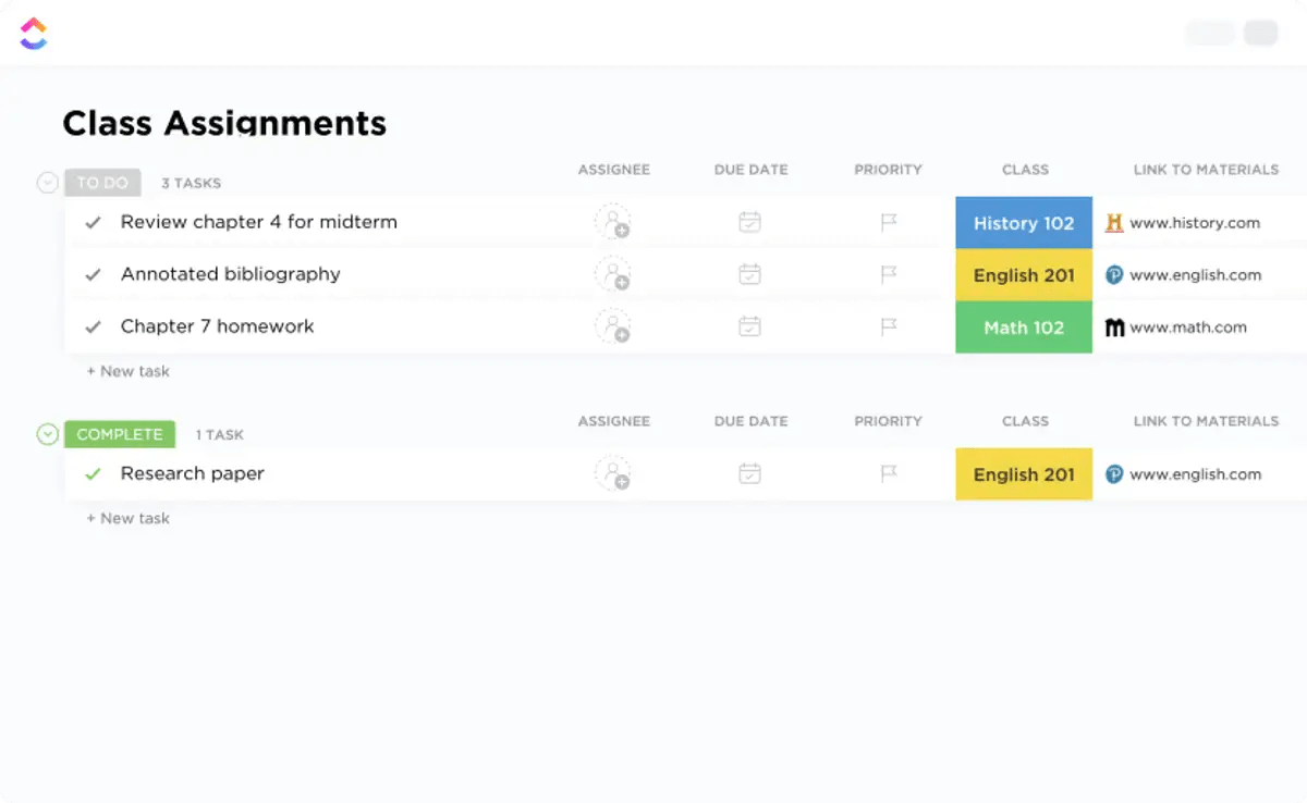 ClickUp Class Assignments To-Do List Vorlage