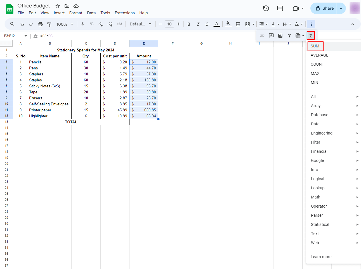 Summing a column using the toolbar How to Sum a Column in Google Sheets Screenshot 2