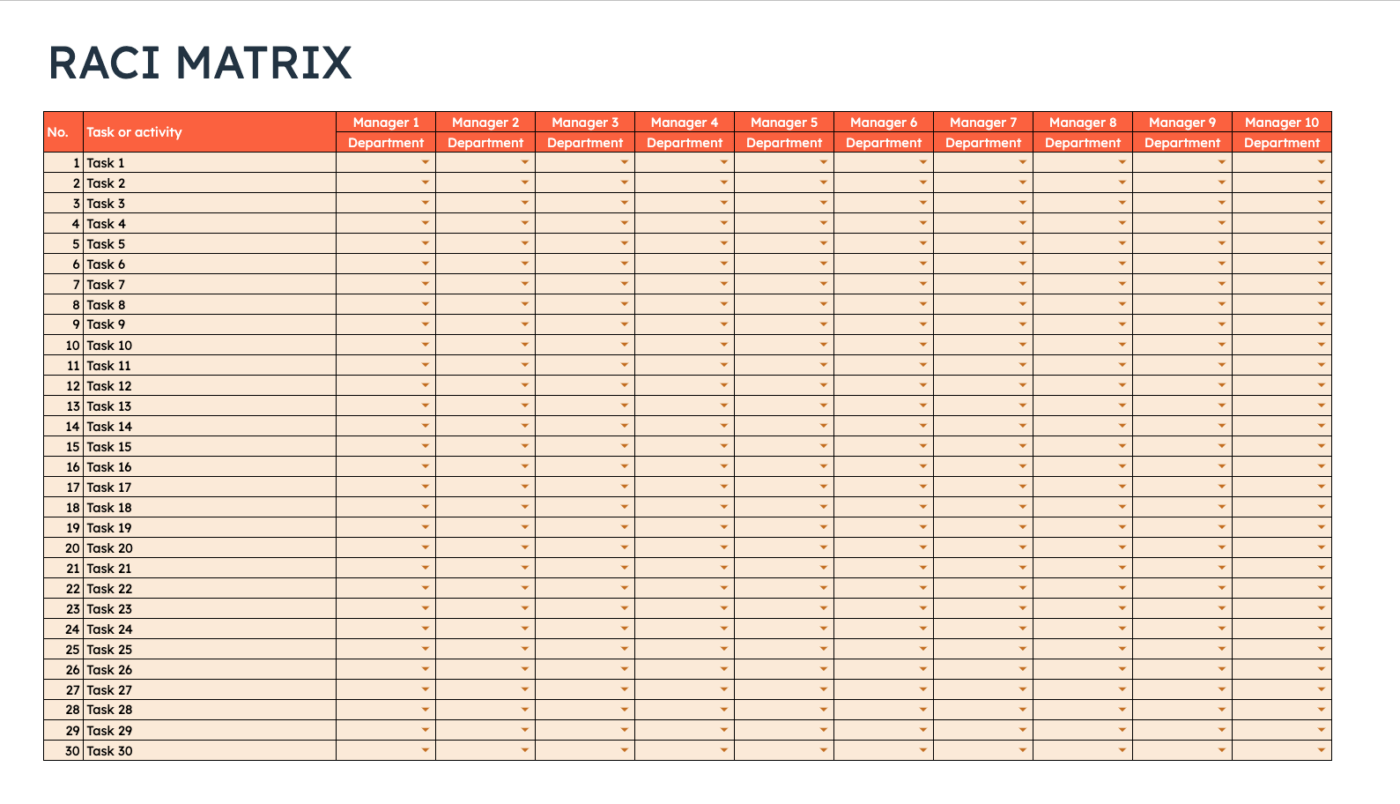 HubSpot의 Excel RACI 매트릭스 템플릿