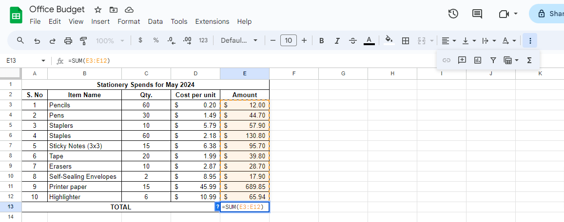 Summing a column using the toolbar How to Sum a Column in Google Sheets Screenshot 3