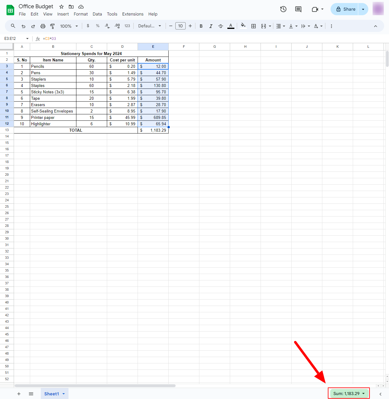 Auto-Sum feature in Google Sheets
