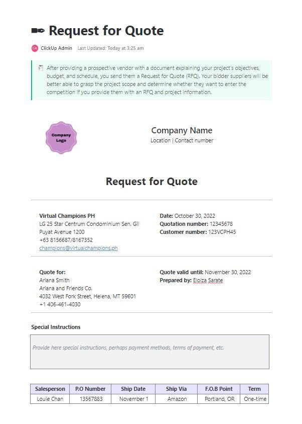 ClickUp Request for Quote Template excel receipt template